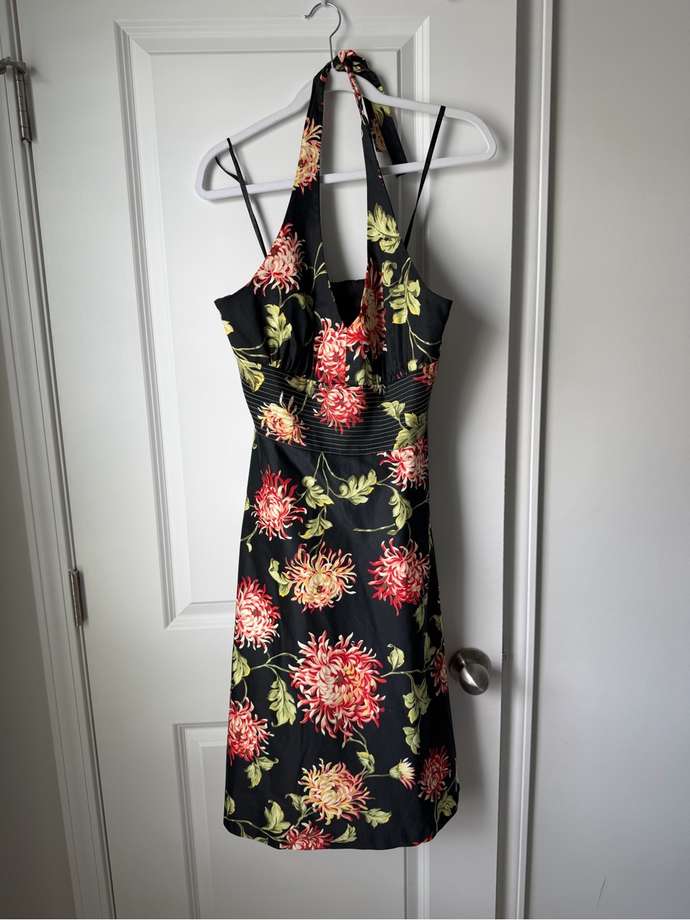 VTG 90s Y2K Donna Ricco Black Floral Green Cotton Halter Dress Size 8